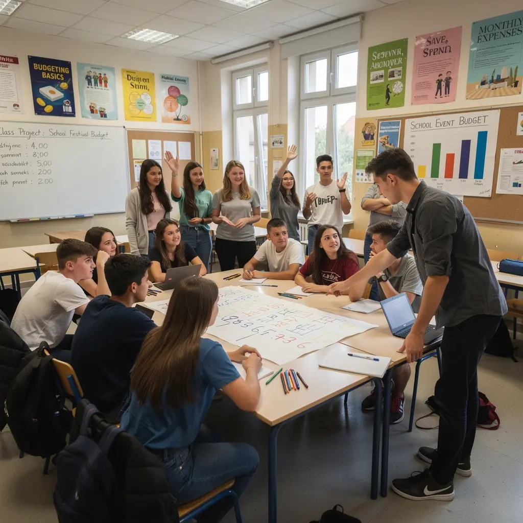 Családi költségvetés tervezése, színes posztereken bemutatva.